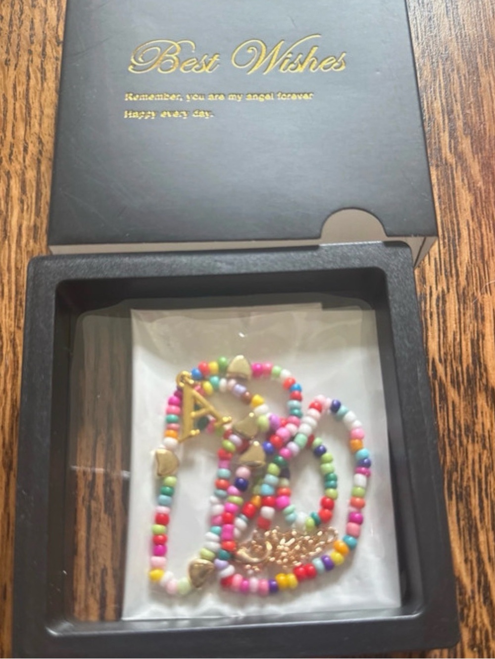 Bright Multicolor Seed Bead Necklace with Gold 'A' Charm NIB